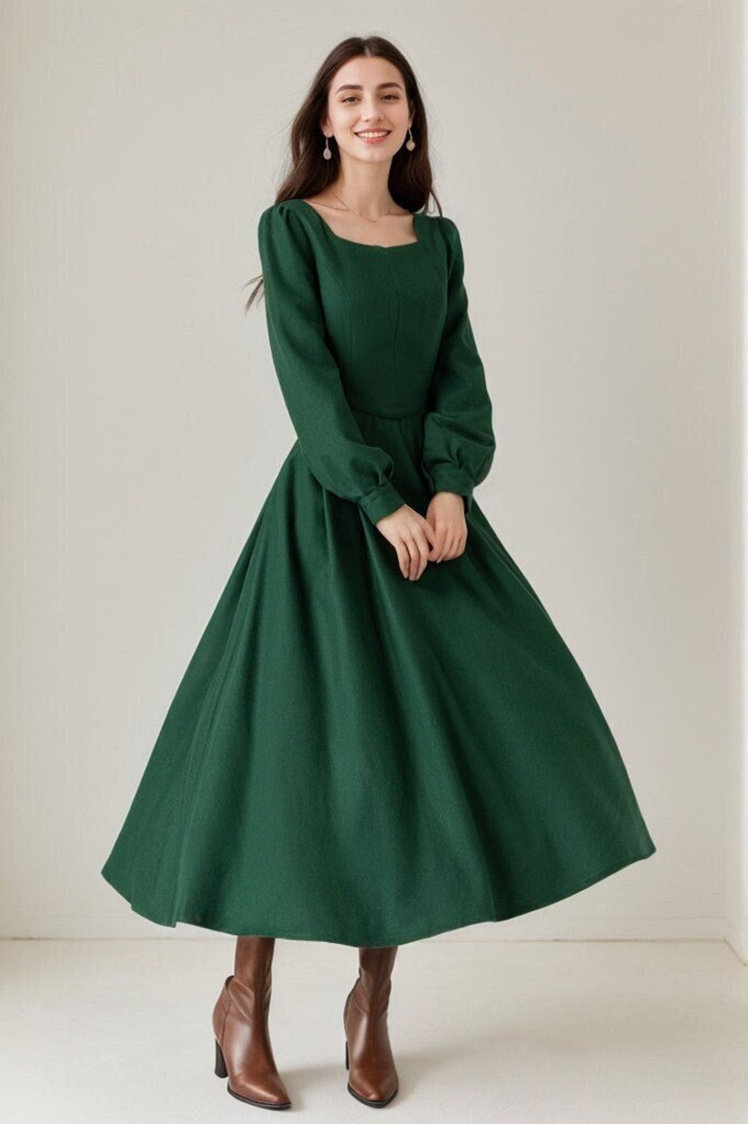 Green Wool Dress, Long Wool Dress, Wool Midi Dress, Long