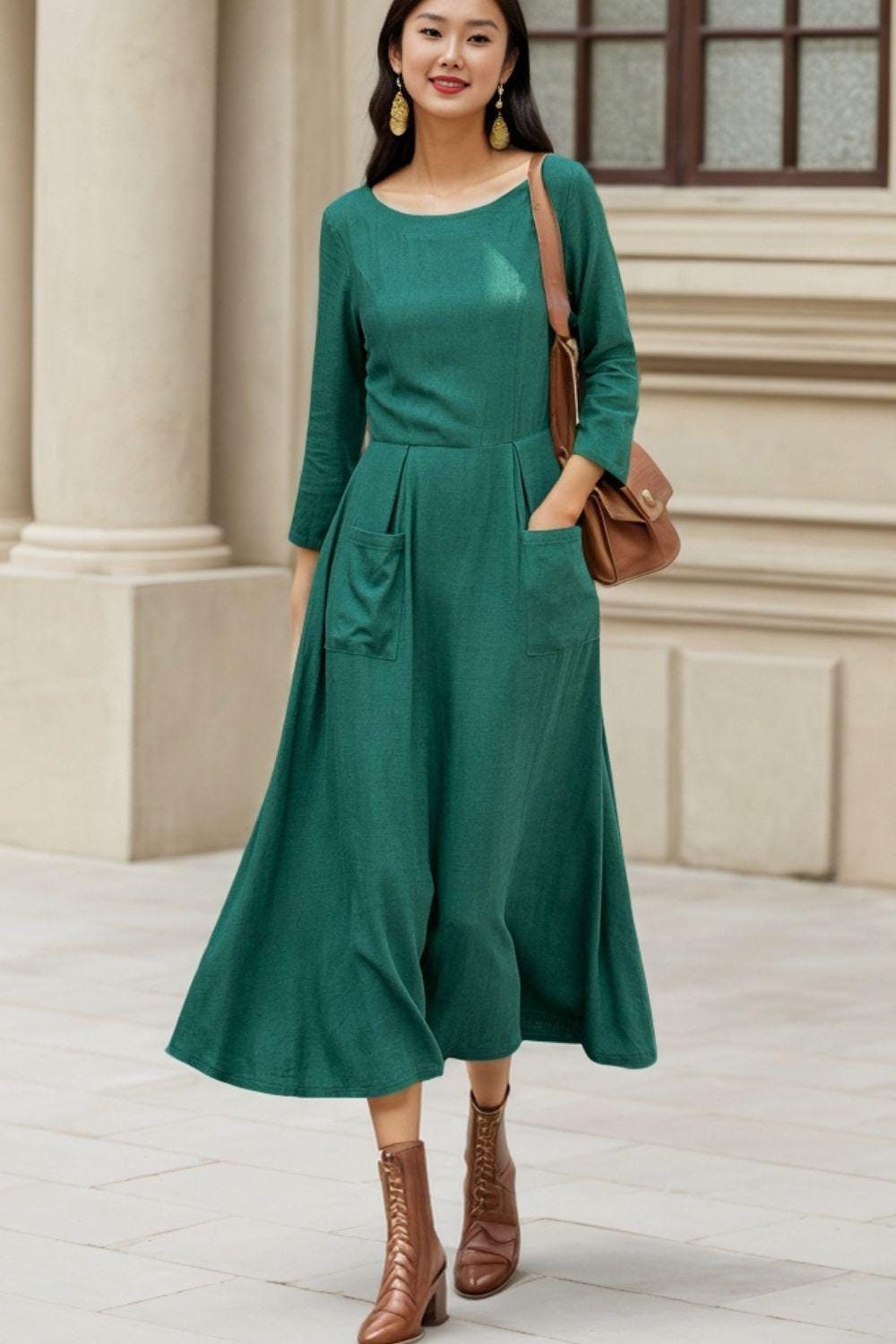 Green Midi Swing Linen Dress 3848 Green Midi Swing Linen Dress 3848