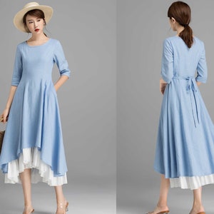 Linen dress, High Low Midi dress, Blue dress, Womens dresses, Swing dress with pockets, A Line party dress, Casual dress, House dress 2360#
