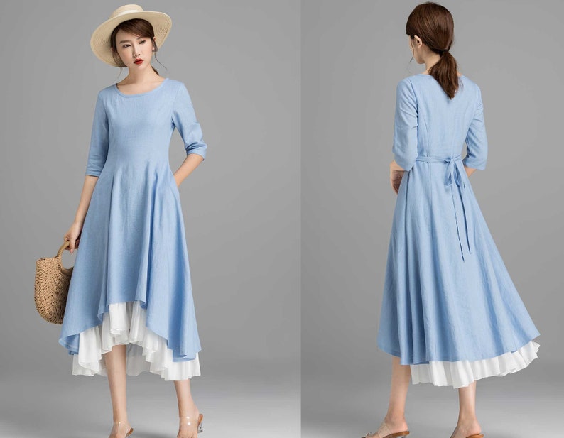 Linen dress, High Low Midi dress, Blue dress, Womens dresses, Swing dress with pockets, A Line party dress, Casual dress, House dress 2360 Blue