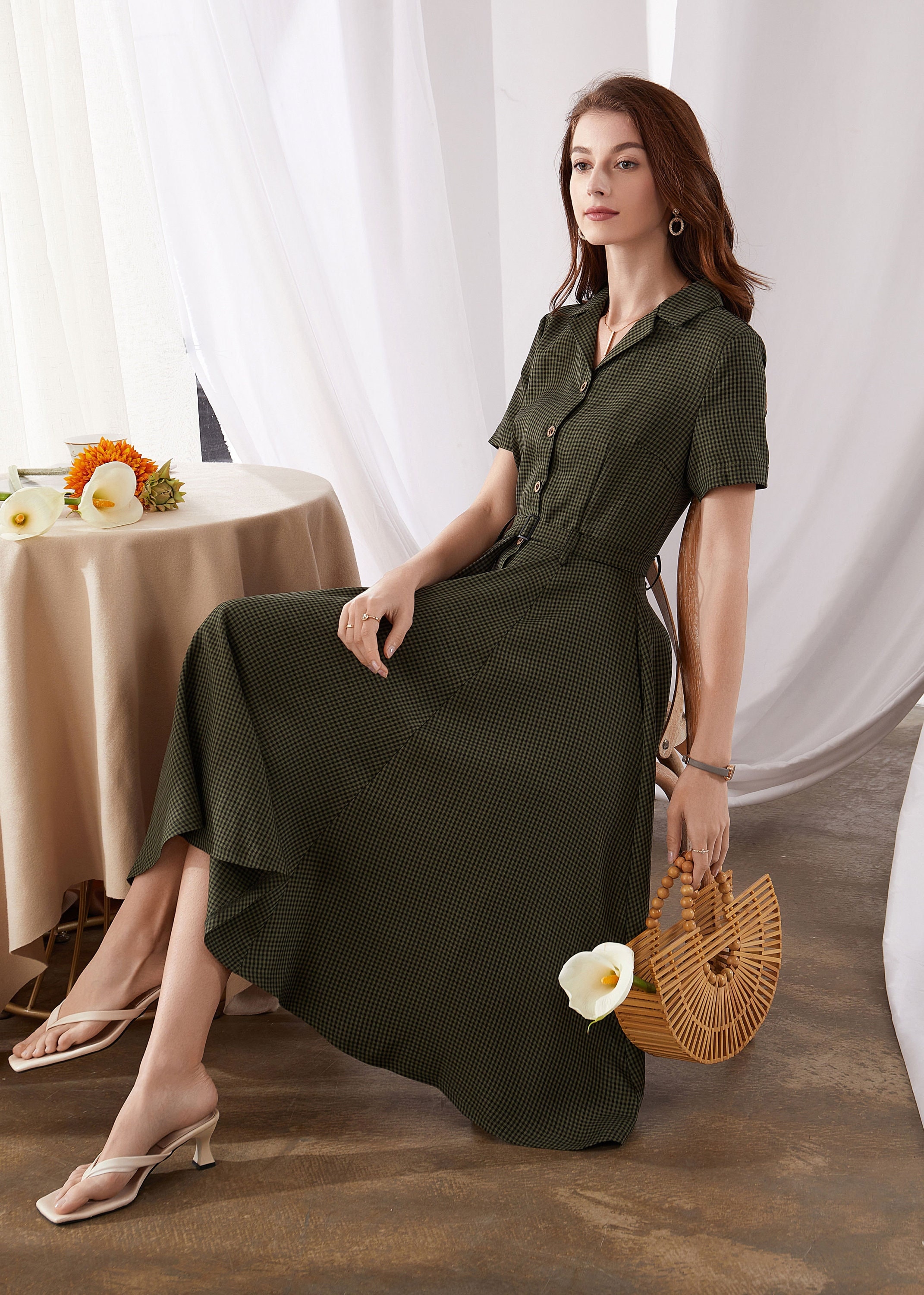 Dark green plaid Button front Dress 3383# Dark green plaid Button front Dress 3383#