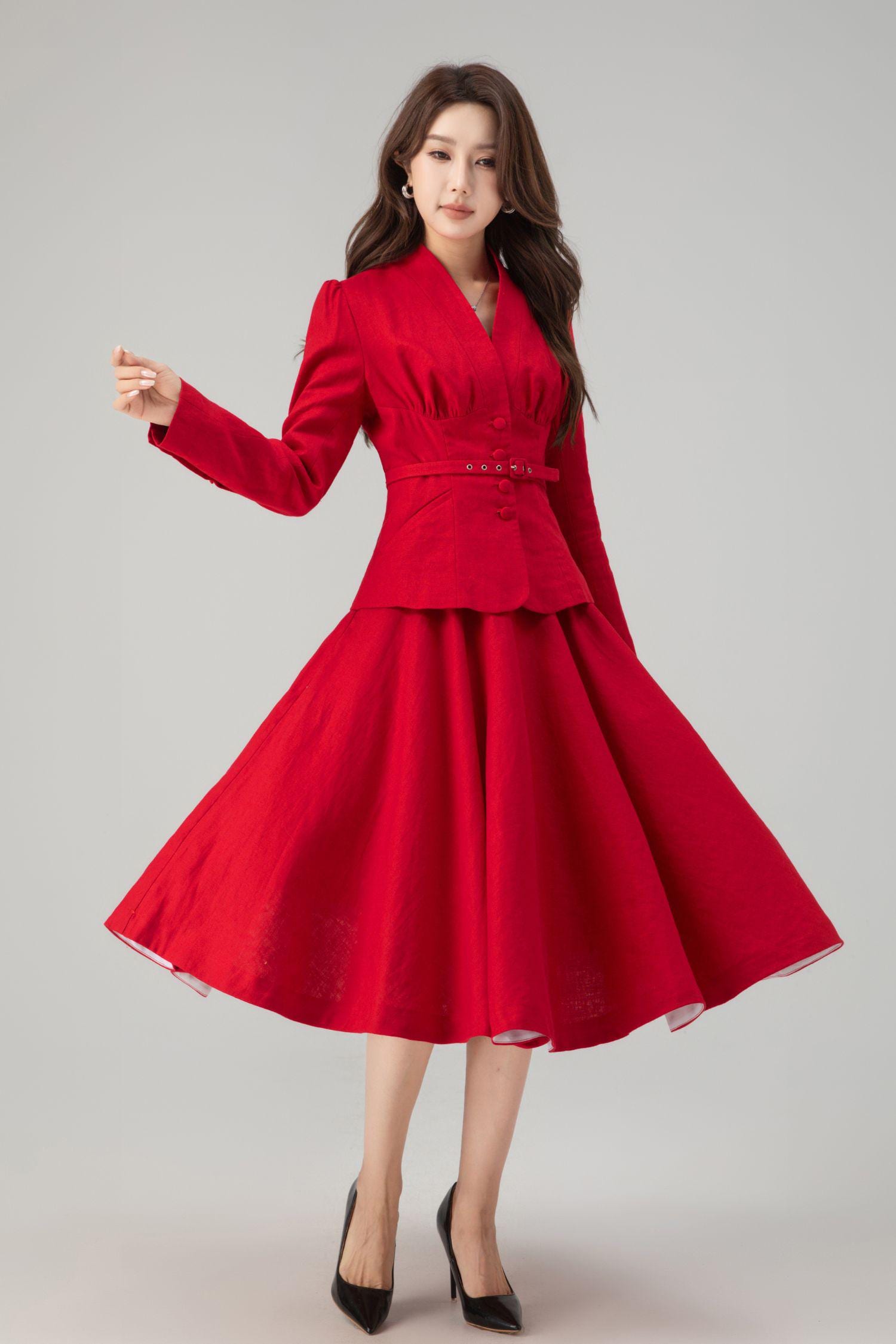Red Linen Two-Piece Set – Vintage Tailored Blazer & Midi Skirt 5759 Red Linen Two-Piece Set – Vintage Tailored Blazer & Midi Skirt 5759