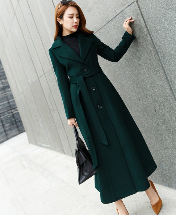 Long Wool Coat, Green Wool Coat, Wool Coat Women, Long Sleeves Wool Coat  With Self Tie Belt Waist, Winter Coat Women, Custom Coat 2458 -  Canada