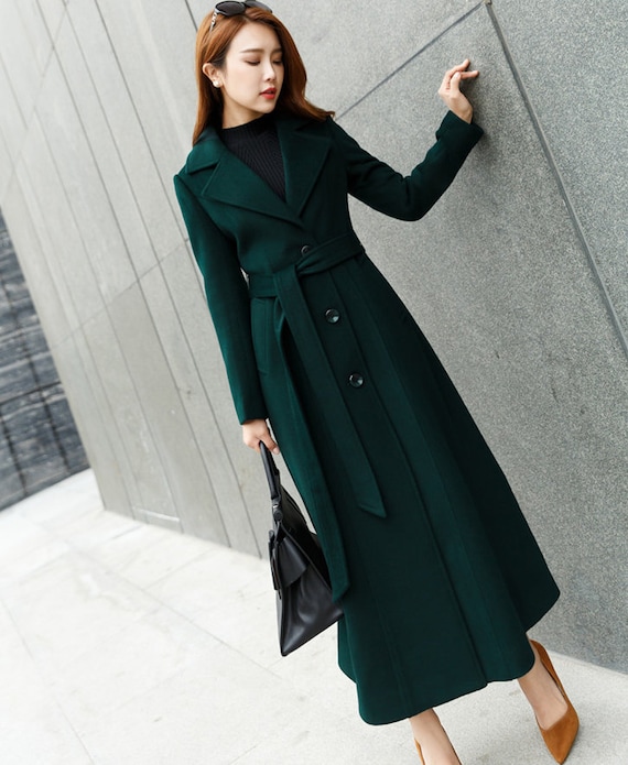 Long Wool Coat Green Wool Coat Wool Coat Women Long Sleeves 