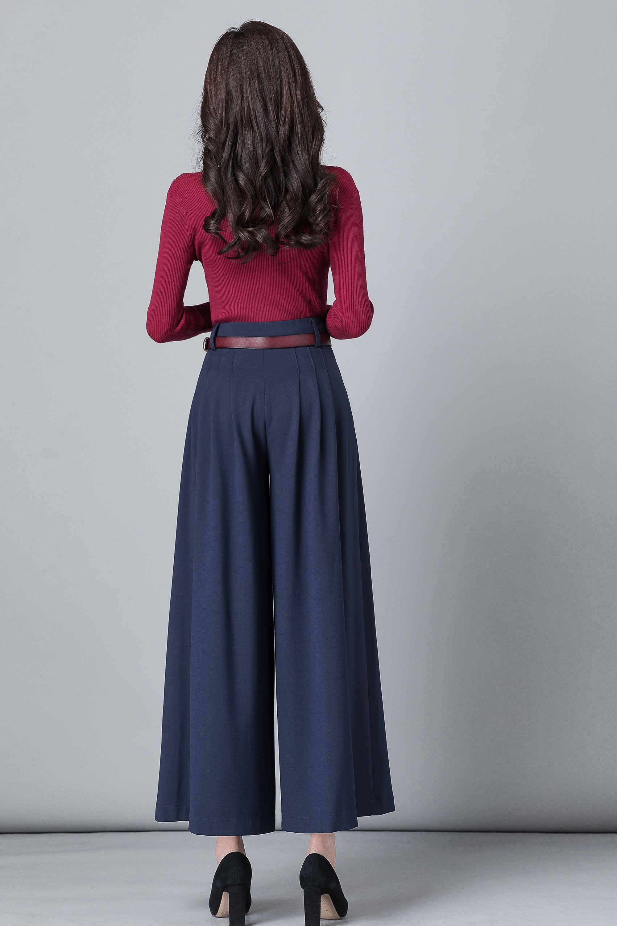 Women's Pleated High Waisted Wide Leg Pants, Belted Palazzo