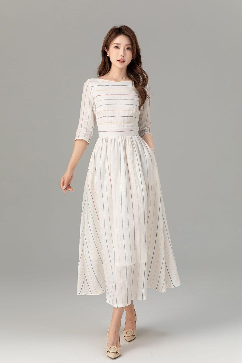 Linen dress, Midi linen dress, Womens Striped linen dress, Casual Summer linen dress, wedding guest dress, Custom dress, Xiaolizi 4934 image 4