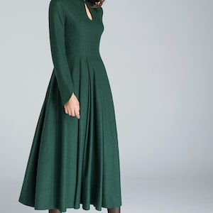 Vintage Inspired Winter Wool Dress Women, Mandarin Collar Wool Dress, A-Line Green Wool Dress, Retro Swing Long Dress, Xiaolizi 1621 image 2