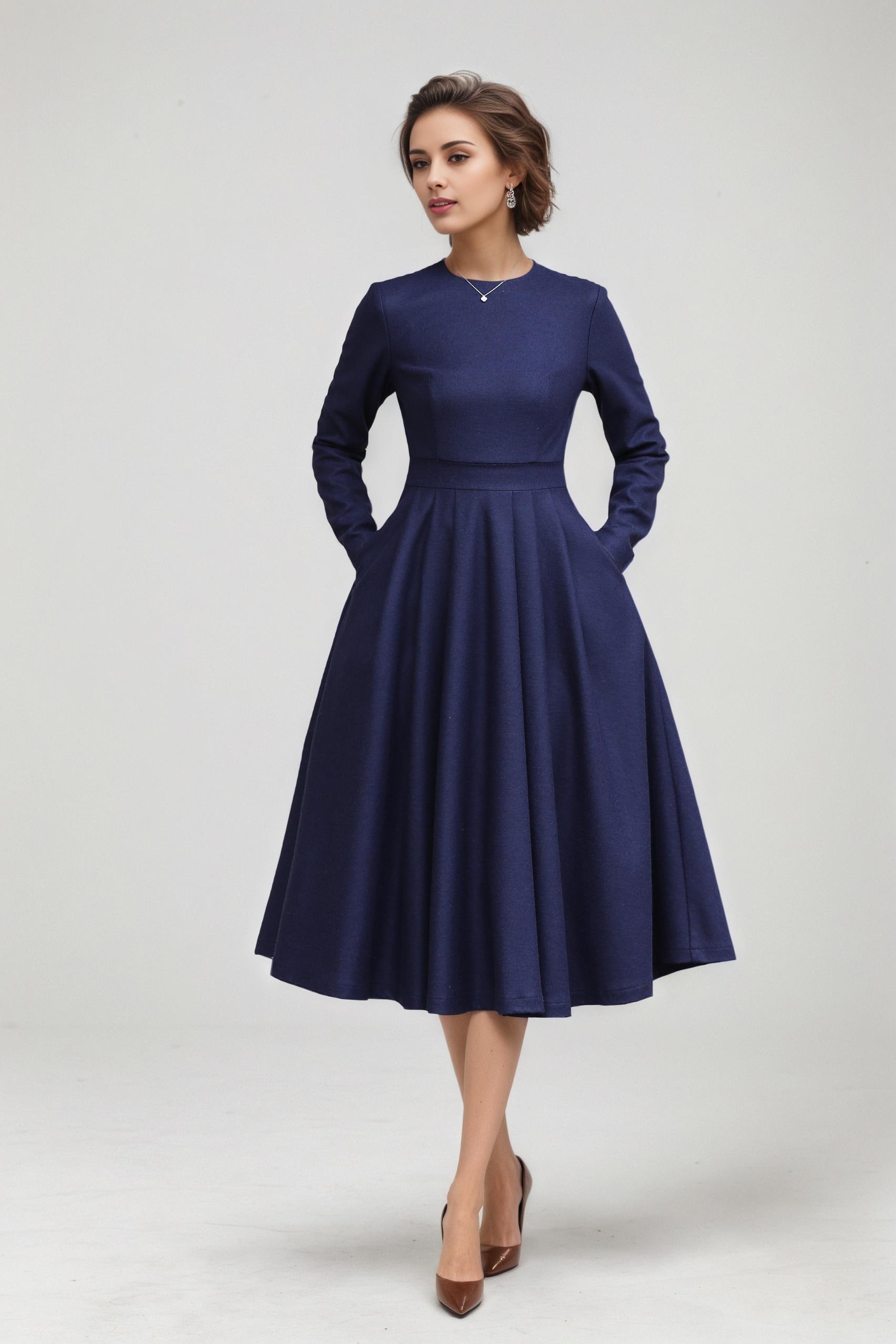 Handmade Navy Wool Midi Dress – 1950s Fit and Flare, Long Sleeves