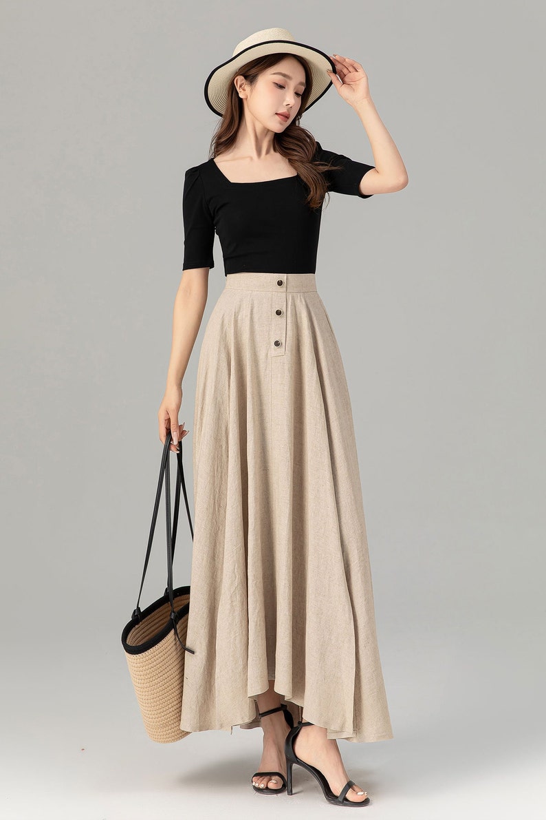 Linen Skirt, Long Skirt, Maxi Skirt, Beige linen Skirt, A-Line Linen Skirt, Swing Skirt, Women Linen Skirt, High Waist Skirt, Xiaolizi 4931 image 6