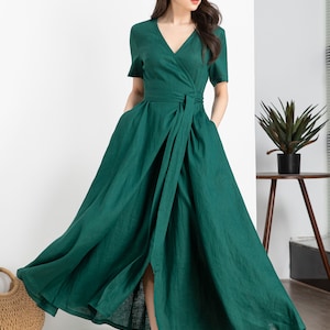 Green Wrap Linen dress, Summer Linen Maxi dress, Womens dress, Long Linen dress, Dress with pockets, Short Sleeve dress, Custom dress 4248 image 4