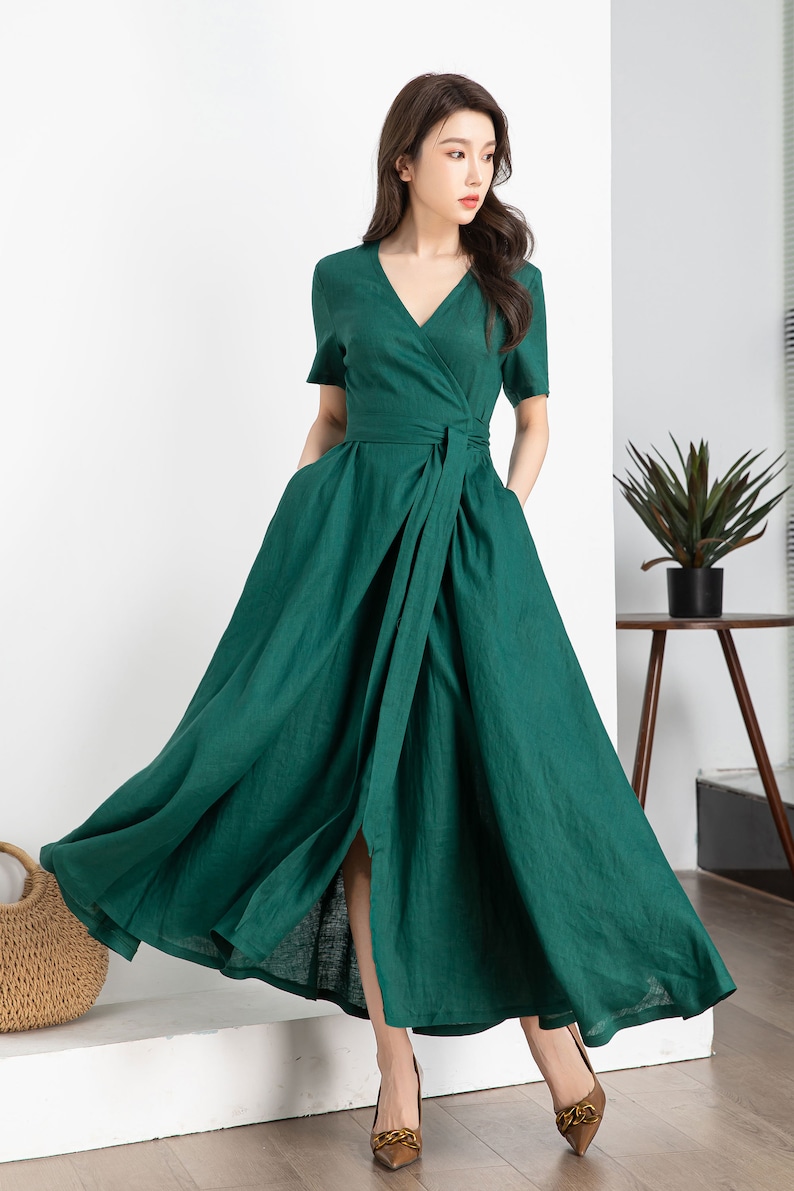 Green Wrap Linen dress, Summer Linen Maxi dress, Womens dress, Long Linen dress, Dress with pockets, Short Sleeve dress, Custom dress 4248 image 4