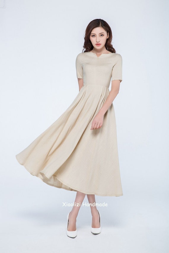 Beige Silk Long Sleeve Maxi Dress