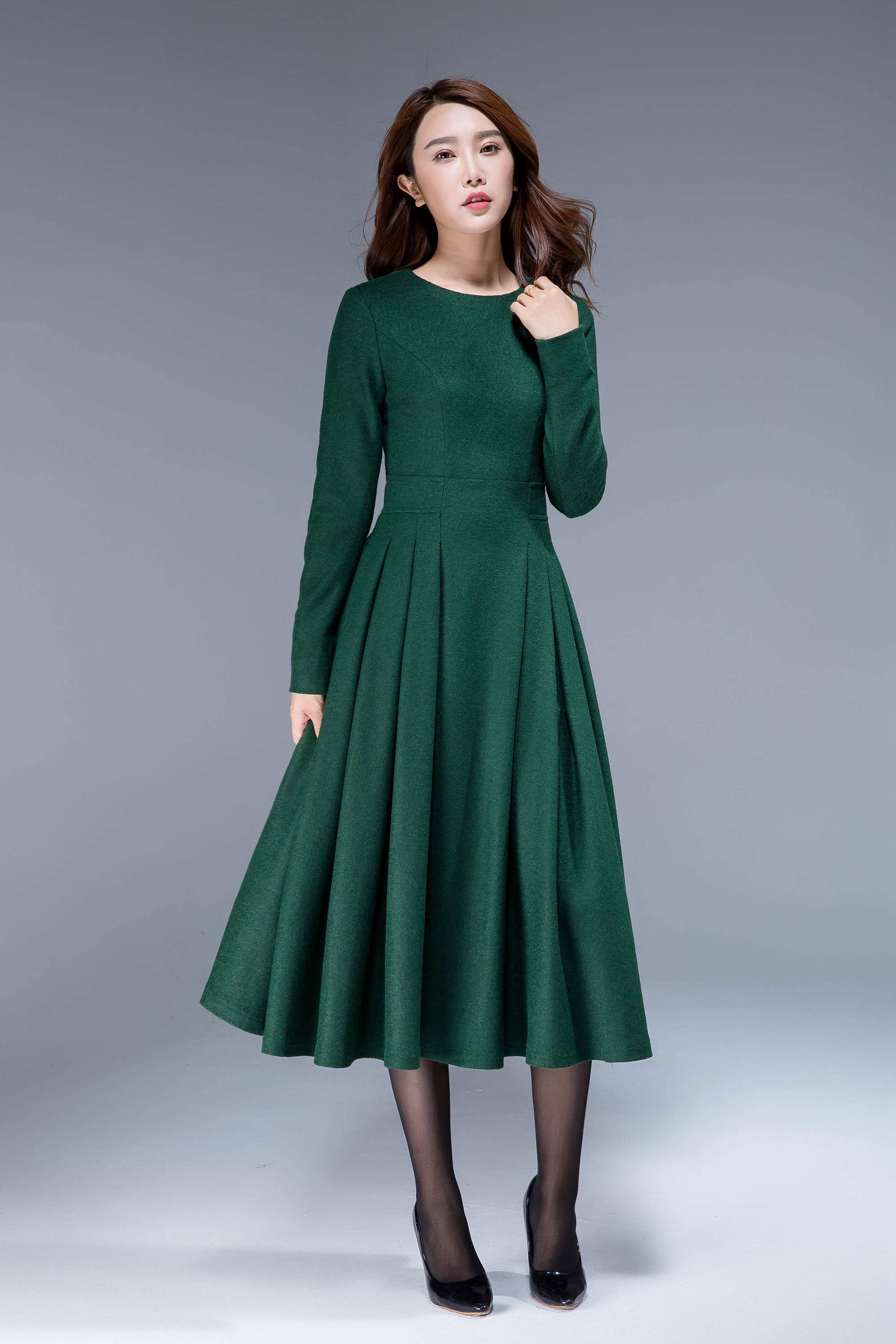 Green dress wool dress midi dress pleated dress fit and Etsy
