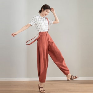 Red Suspender linen Pants, Womens Baggy Linen Pants, Spring Summer Linen Pants, Vintage Inspired Long Pants, Custom Pants, Xiaolizi 4212 image 1