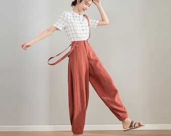 Red Suspender linen Pants, Womens Baggy Linen Pants, Spring Summer Linen Pants, Vintage Inspired Long Pants, Custom Pants, Xiaolizi 4212#