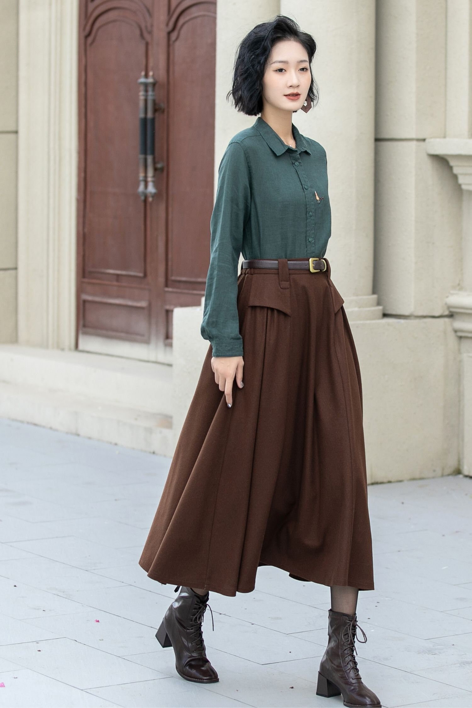 【Anyone more】Stew Wool Pleated Mini Skirt Brown Midi Wool Skirt, Houndstooth Wool Skirt, High Waisted