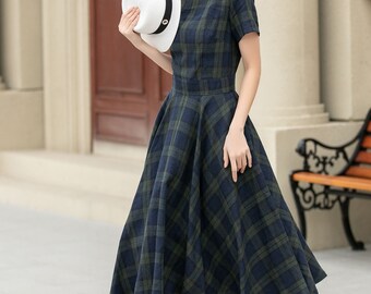 Linen Dress, Plaid Midi Dress Women, Fit and Flare Dress, Swing