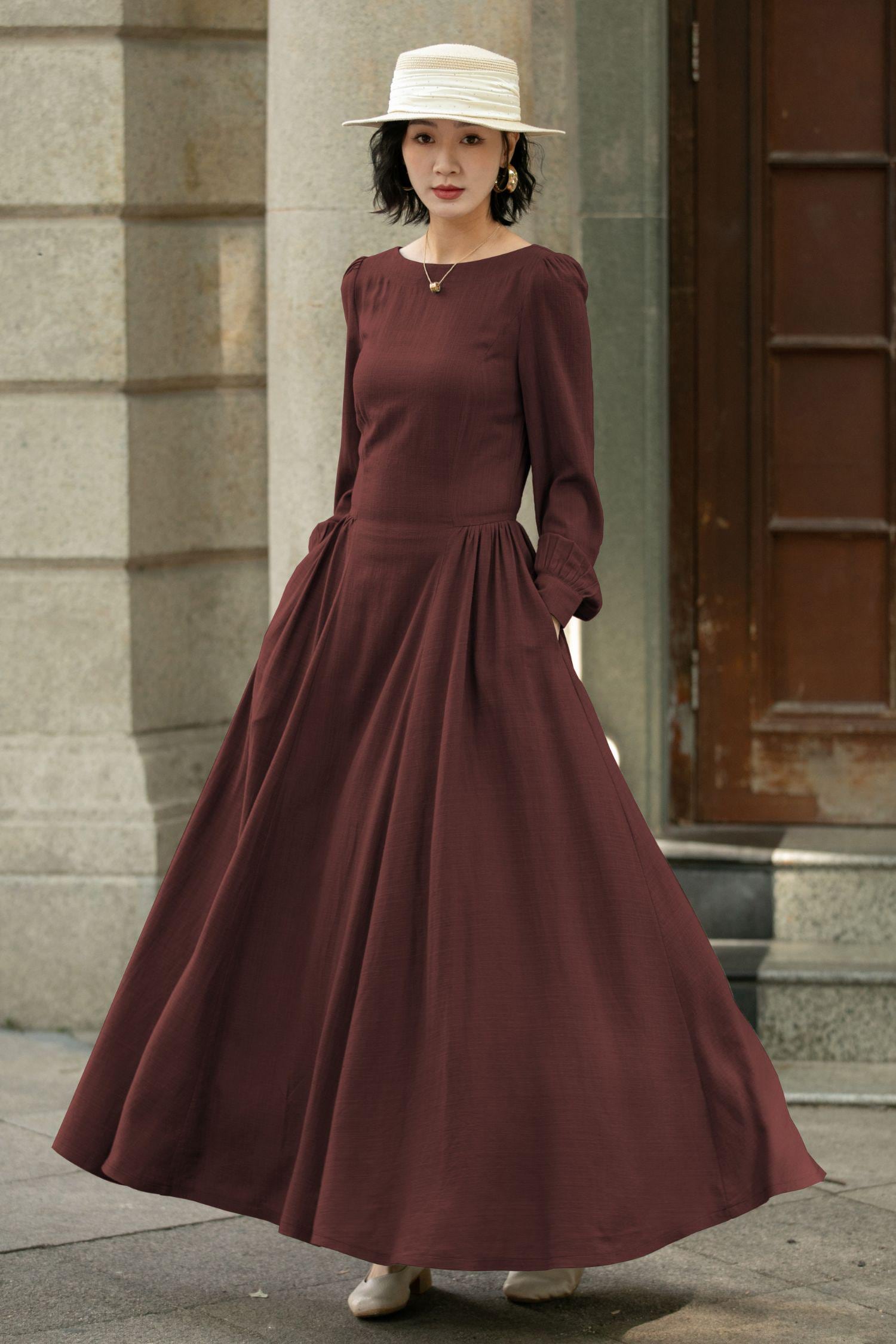 fall long dresses with sleeves Women's Fall Long Dresses Button Fit Long Sleeve Flowy A-Line Maxi Dress  with Pockets