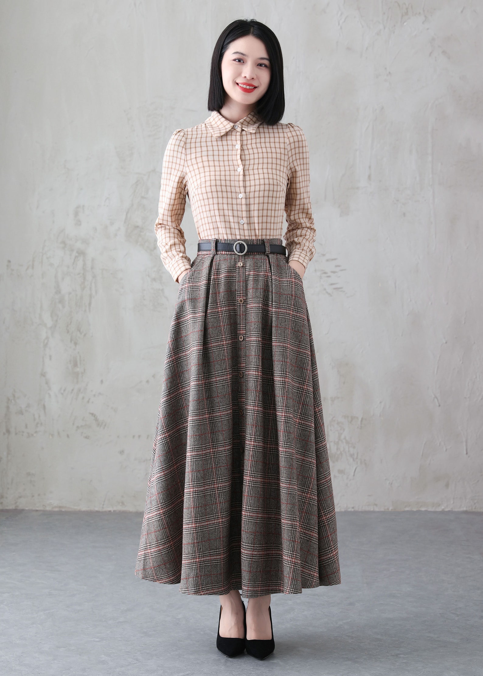 Long Plaid Skirt With Buttons