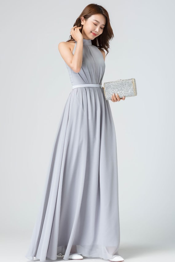 Grey Chiffon Halter Dress, A-line Maxi, Wedding Guest Dress, Xiaolizi 6096#  - Etsy Israel