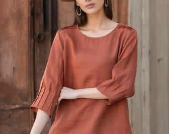 Loose Fit Linen Blouse, Rust Red Linen Top, Plus Size Linen Shirt