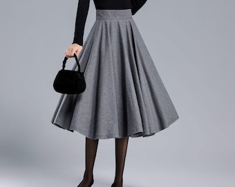 Falda de lana gris, falda circular de lana, falda midi de lana para mujer, falda plisada de invierno con bolsillos, falda acampanada de corte A, falda minimalista 3168