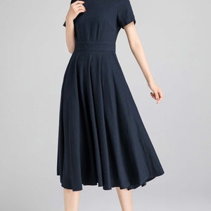 Vintage 1950s Short Sleeve Green Linen Midi Dress, Fit and Flare Dress, Summer Swing Linen Dress with Pockets, Women Modest Linen Dress 3482 navy blue
