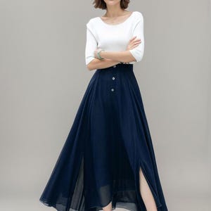 Office wear skirt, Burgundy Chiffon Maxi Skirt, A Line Long swing Skirt, Summer Womens Flare Skirt, Custom Skirt, Xiaolizi 5220 3-Navy Blue