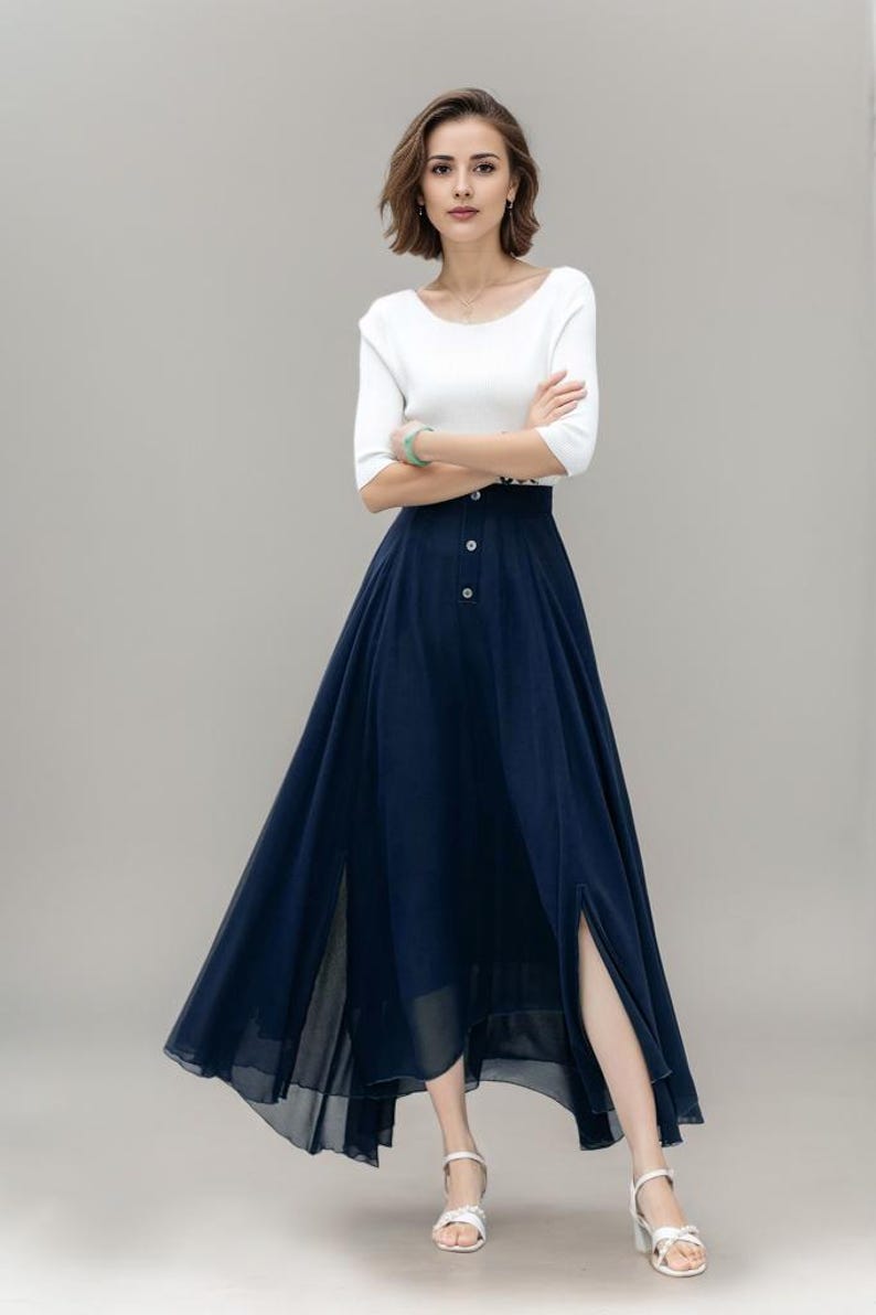 Office wear skirt, Burgundy Chiffon Maxi Skirt, A Line Long swing Skirt, Summer Womens Flare Skirt, Custom Skirt, Xiaolizi 5220 3-Navy Blue