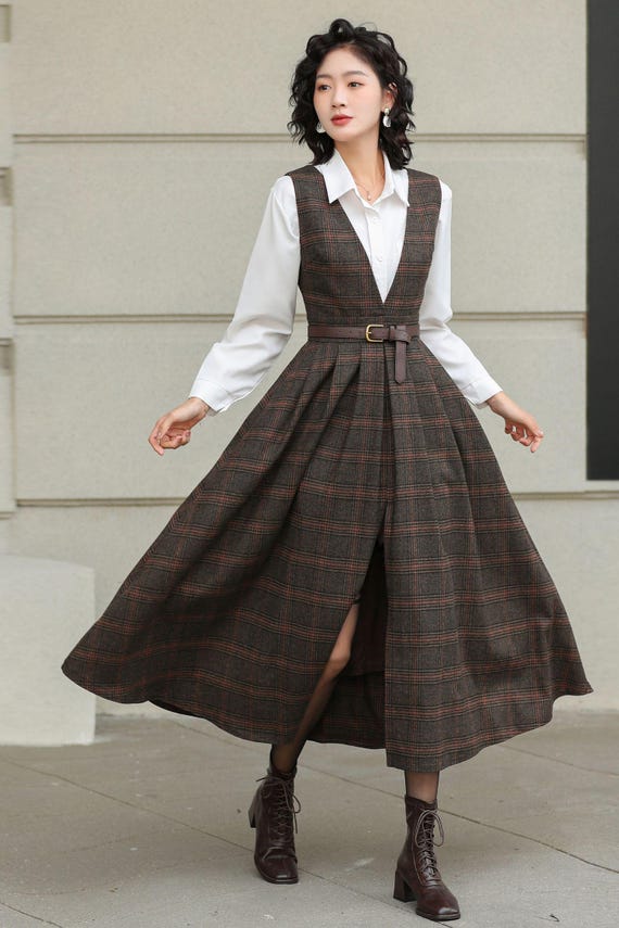 blue dress for baby girl Vintage Plaid Long Sleeve Dress with Peter Pan Collar Ruffle Trim Midi main image 0