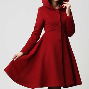 Women's Winter Single breasted wool Coat, red swing hooded princess coat, warm winter outwear, Hooded wool coat, Christmas coat 1117 image 3