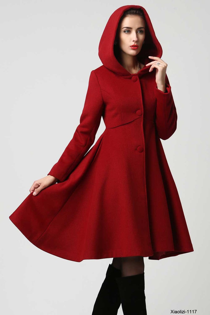 Women's Winter Single breasted wool Coat, red swing hooded princess coat, warm winter outwear, Hooded wool coat, Christmas coat 1117 image 3