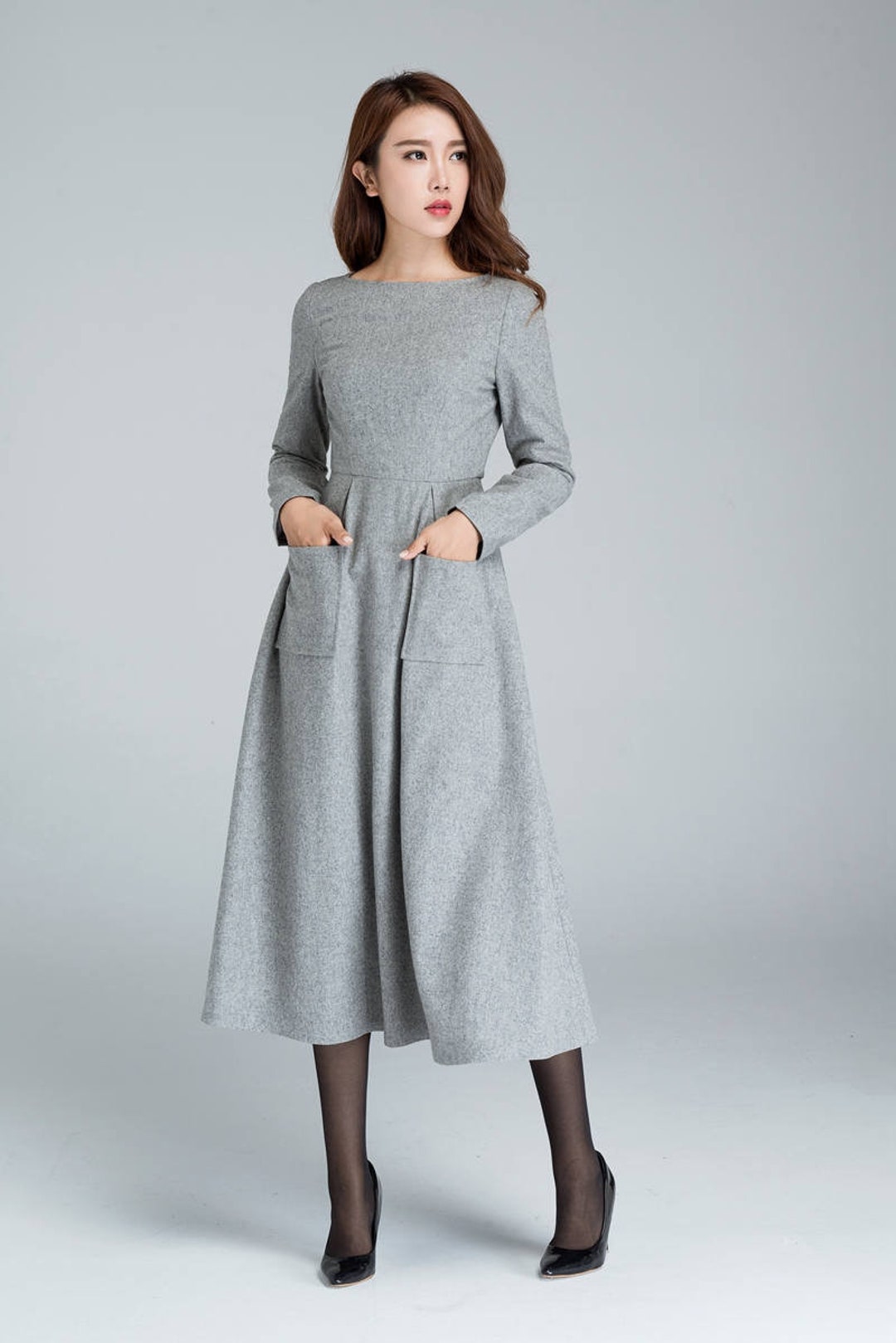 Wool Dress, Dress With Pockets, Light Grey Dress, Winter Dress ...