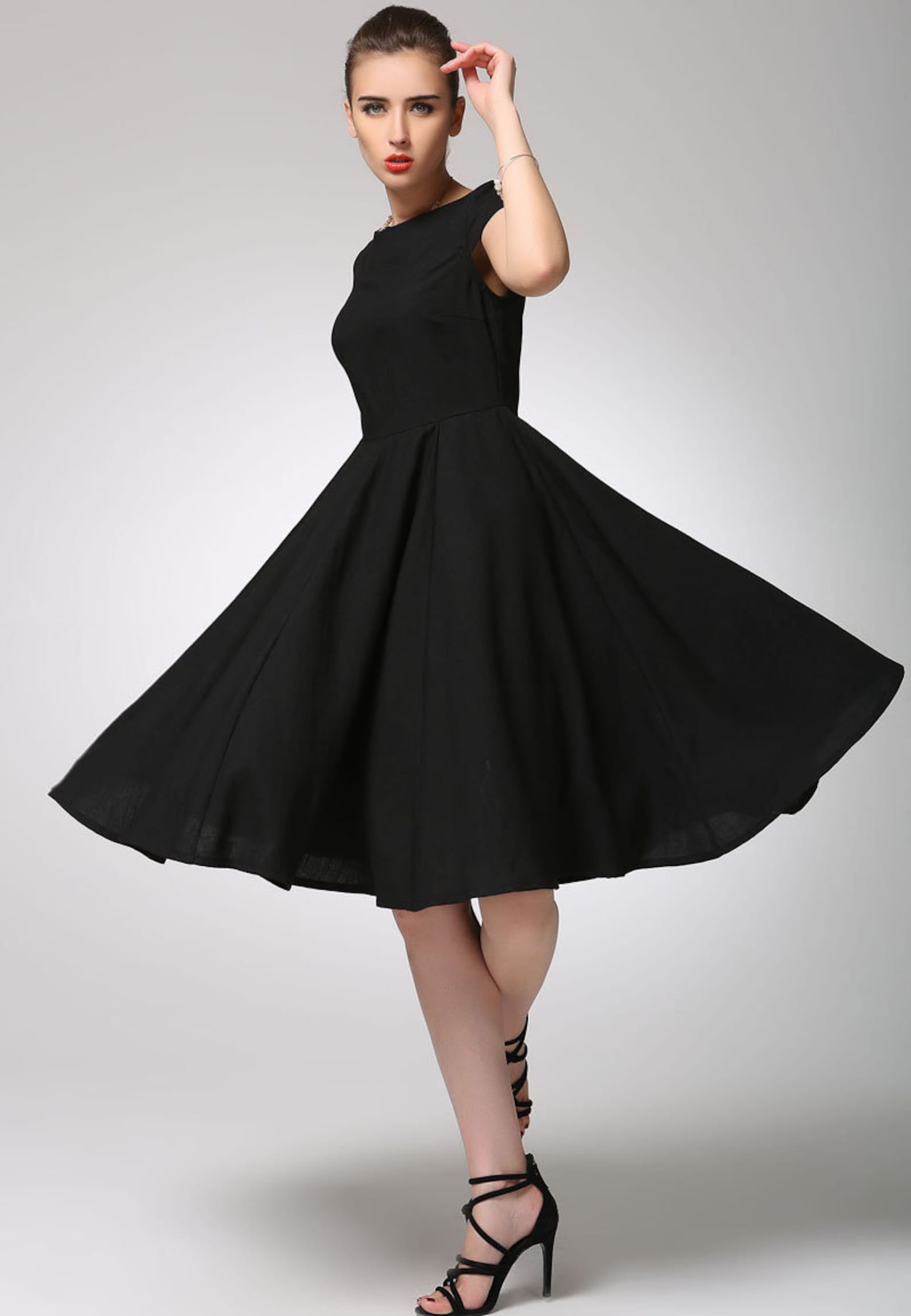 Little black dress Knee Length Swing dress Cap sleeve Modest | Etsy