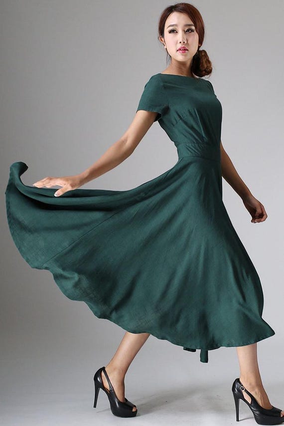 Xiaolizi Dark Green Linen Dress, Vintage 1950s Boat Neck Swing Midi Dress, Fit and Flare Party Dress with Pockets, Custom Size Available 971