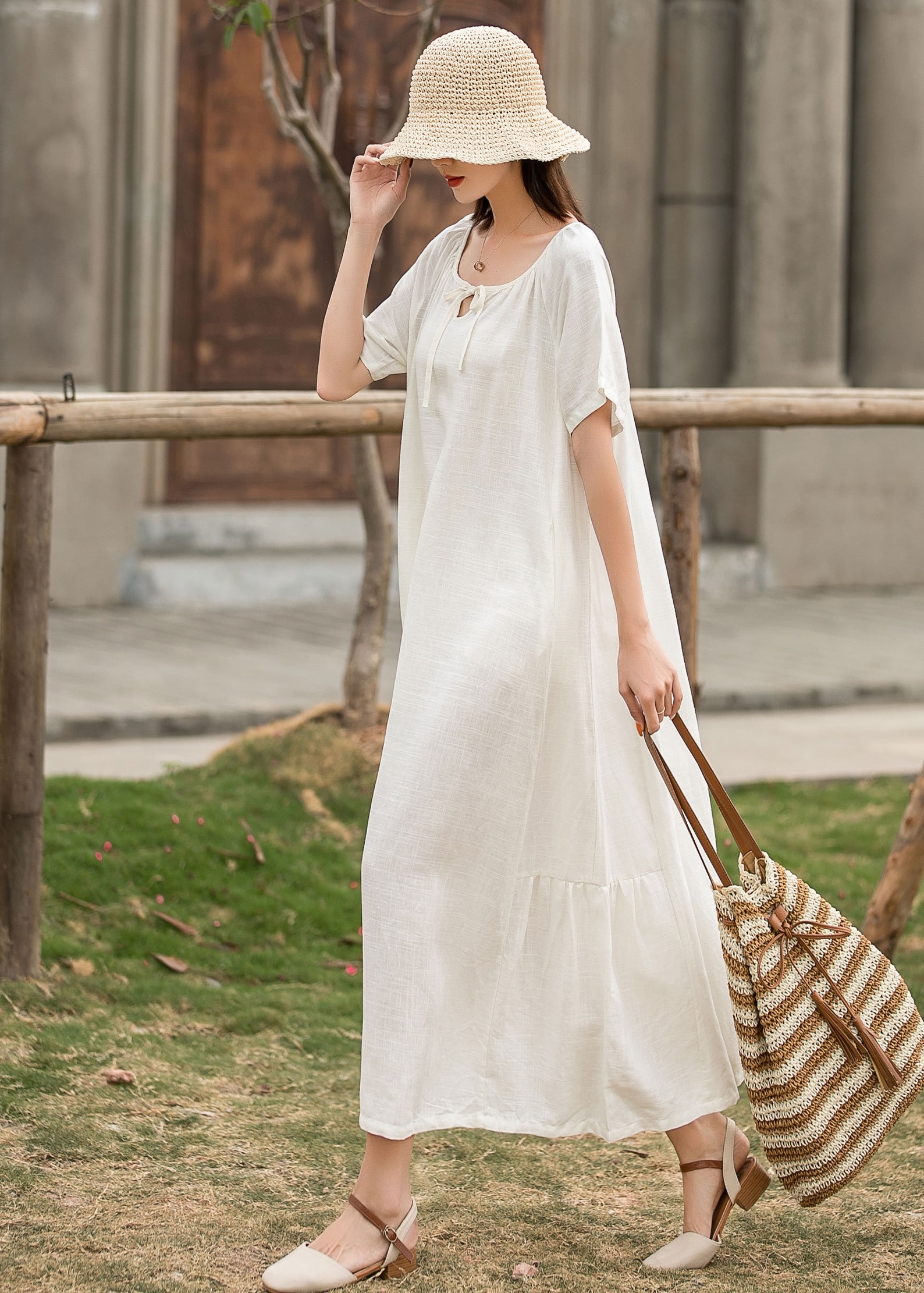 White Maxi Linen Dress Short Sleeve Drawstring Neck Linen Etsy