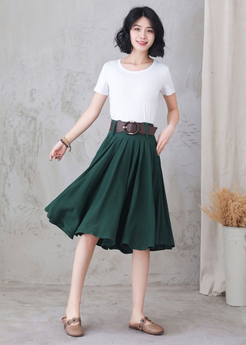 Dark Green Pleated Linen Skirt Knee Length Circle Skirt A - Etsy