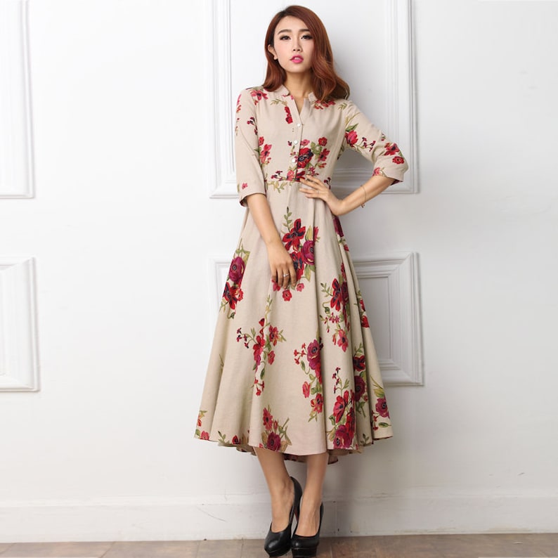 Modest Midi Dress Floral Linen Dress Formal Fit and Flare - Etsy