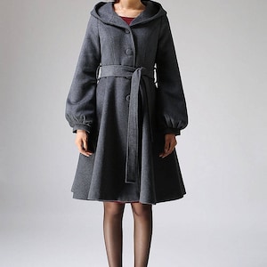 Long sleeve Hooded swing coat, winter wool coat, hooded wool coat, gray coat, A-Line Shape coat, midi length coat with lantern sleeves 1073 image 6