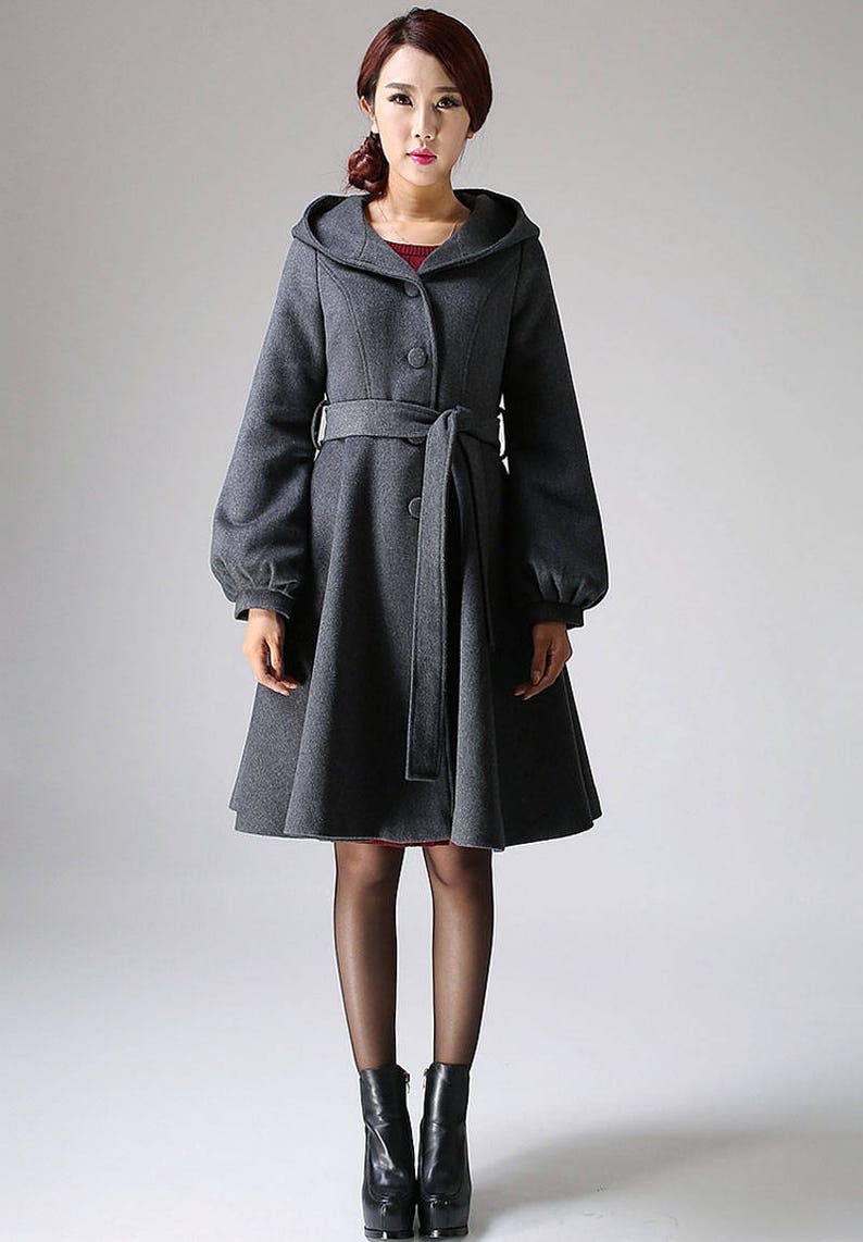 Long sleeve Hooded swing coat, winter wool coat, hooded wool coat, gray coat, A-Line Shape coat, midi length coat with lantern sleeves 1073 image 6
