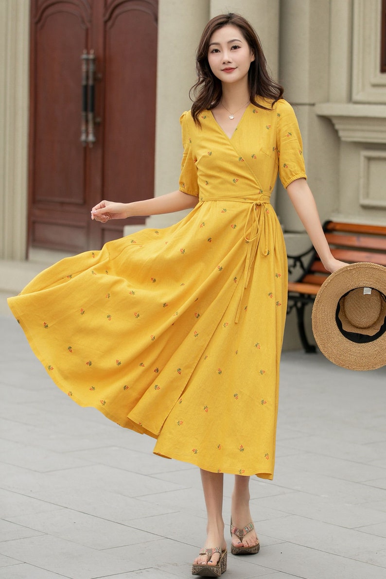 Linen dress, Swing Linen Dress, Wrap dress, Short sleeve floral midi dress, Fit and Flare Dress, Women Modest Linen Dress, Xiaolizi 4947 image 9