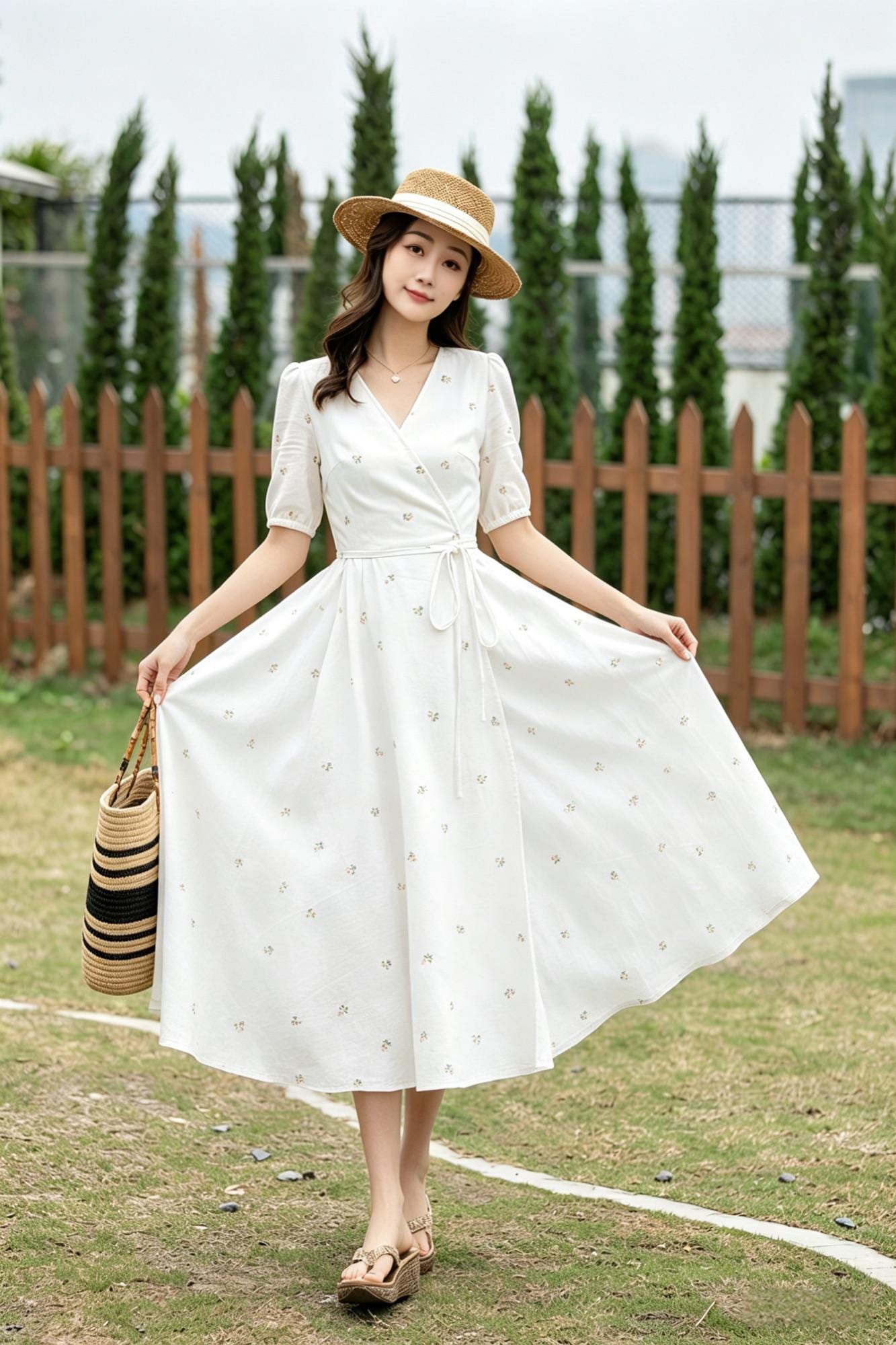Wrap Linen Dress, Floral Short Sleeve Swing Linen Midi Dress