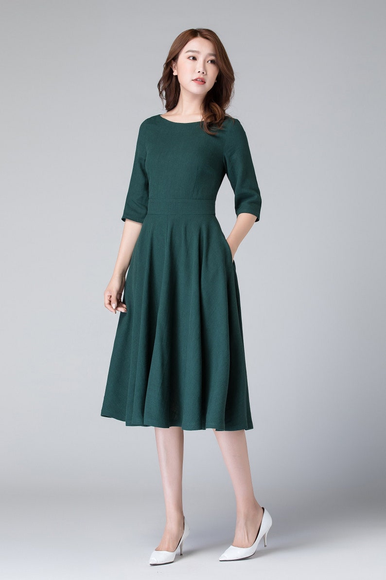 Modest Midi dress, Half Sleeve Linen Swing dress, Womens dress, fit and flare dress, House dress with pockets, Party dress 1903 image 2