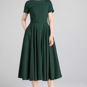Short Sleeve Linen Dress, Green Dress, Fit and Flare Dress, 1950s Dress ...