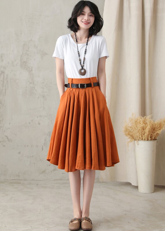 Linen Skirt Women Circle Linen Skirt Knee Length Linen Skirt Swing Skater Skirt Summer Pleated Skirt Custom Skirt Xiaolizi 2816