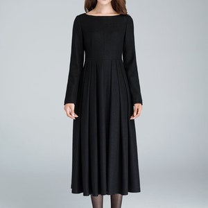 Black Winter Midi Wool Dress, Boat Neck Pleated Dress, Long Sleeve Dress with Pockets, Fitted and Flare Dress, Retro Day Dress 1622 image 2