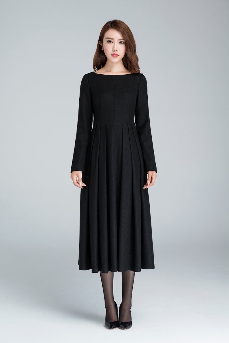 Black Winter Midi Wool Dress, Boat Neck Pleated Dress, Long Sleeve Dress with Pockets, Fitted and Flare Dress, Retro Day Dress 1622 image 2