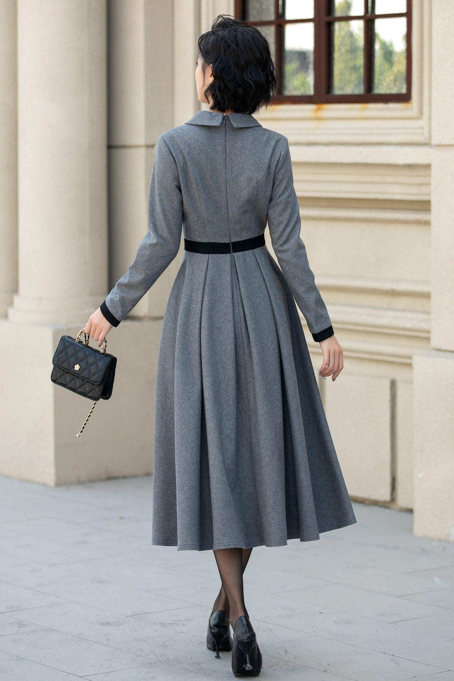 Wool Midi Flare Dress | Gray Fit and Women 5457 Handmade by Xiaolizi