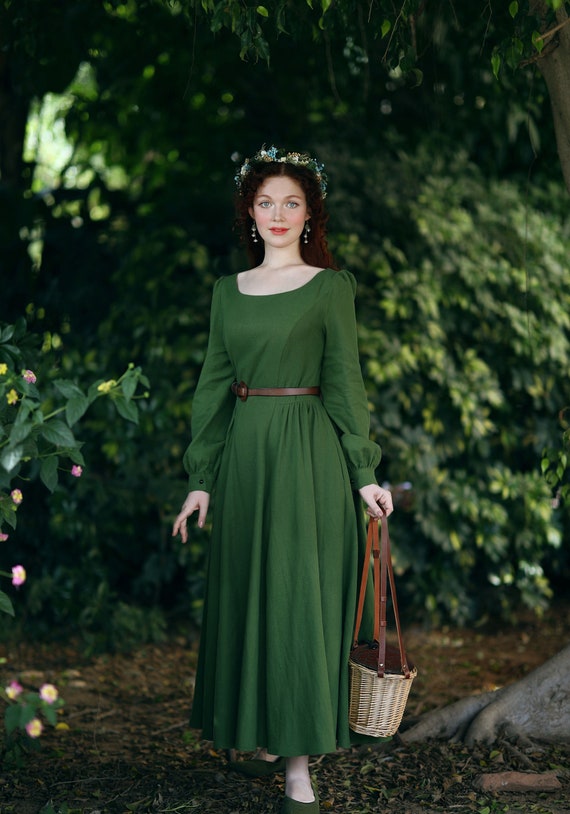 Long Sleeve Cottagecore Dress Women Vintage Inspired Green - Etsy