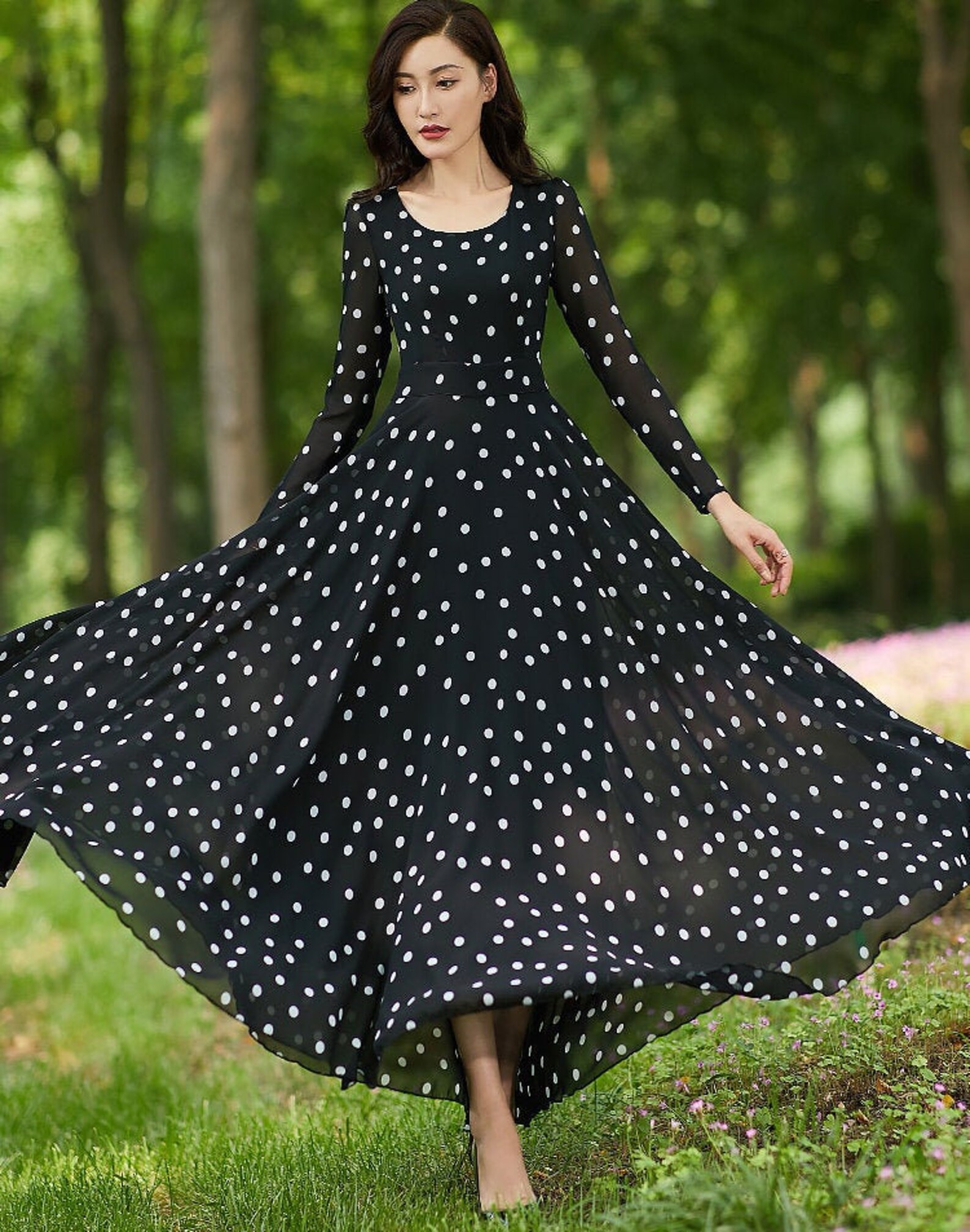 Polka Dot Chiffon Dress Black Maxi Chiffon Dress Long Sleeve | Etsy